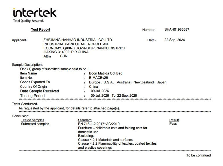 Intertek test report page recording a Pass result for a children's cot bed against the EN 716 standard for cots for domestic use Intertek test report page recording a Pass result for a children's cot bed against the EN 716 standard for cots for domestic use